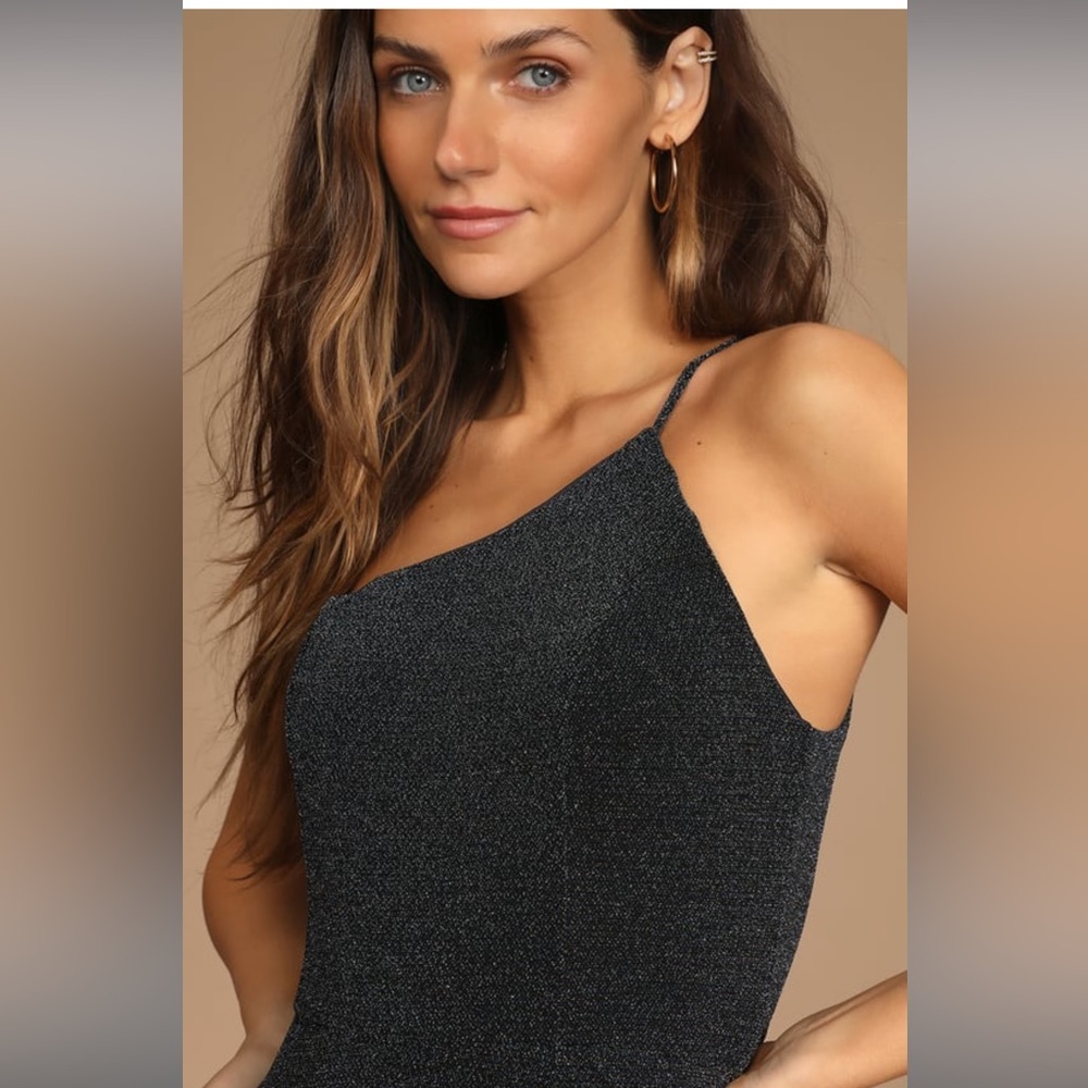 LULUS Truly Magnificent Shiny Navy One-Shoulder Mermaid Maxi Dress - Picture 2 of 4